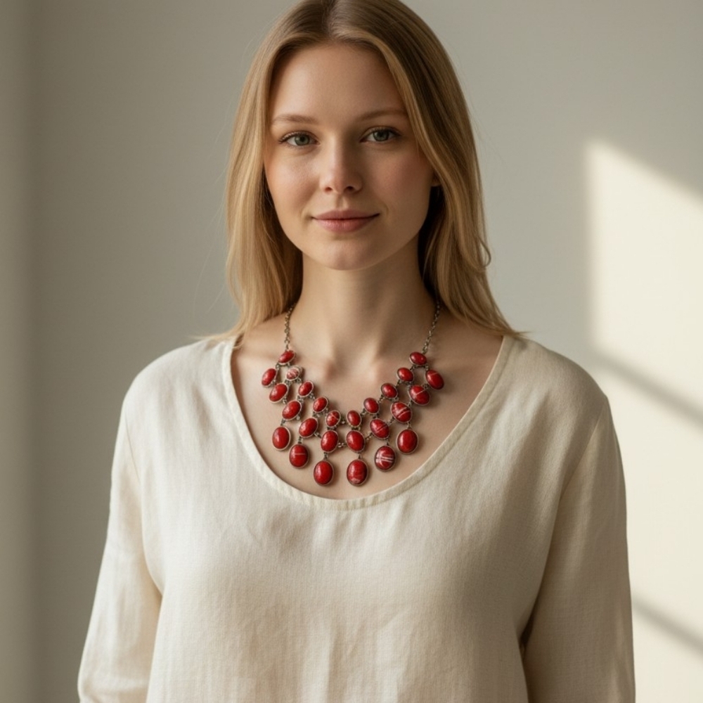Statement Western Bohemian Large Bib Necklace Red & Cream Oval Stones Bohemian
